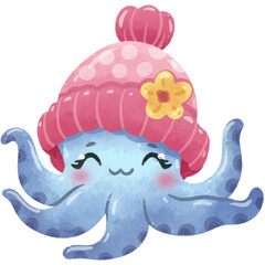 Blue octopus with striped hat watercolor illustration
