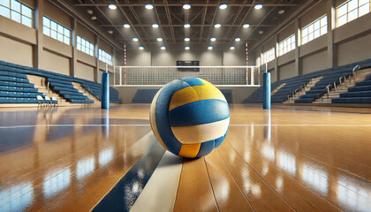 A realistic and detailed image of a blue and yellow volleyball placed in the center of an indoor volleyball court.