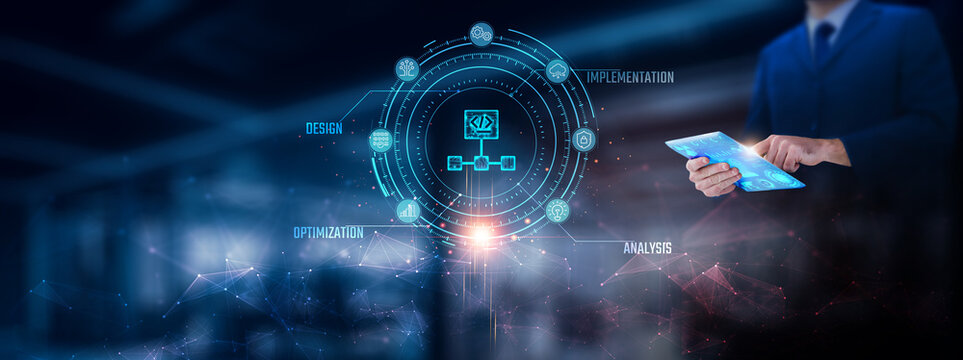 Algorithm Development: Businessman using tablet analyzing algorithm development record on tablet. Digital data analysis and network connection on modern virtual screen interface - Powered by Adobe