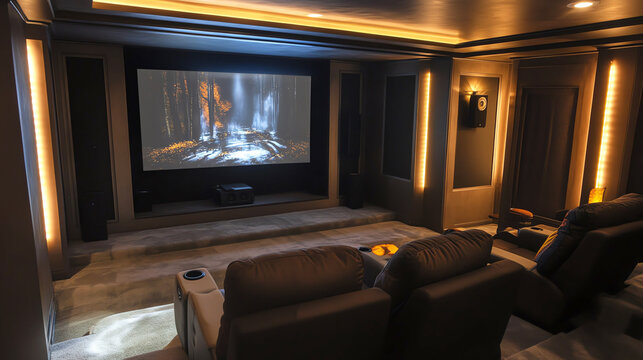 Basement transformed into a home theater with comfortable seating, ambient lighting, and a large screen, basement renovation, home entertainment