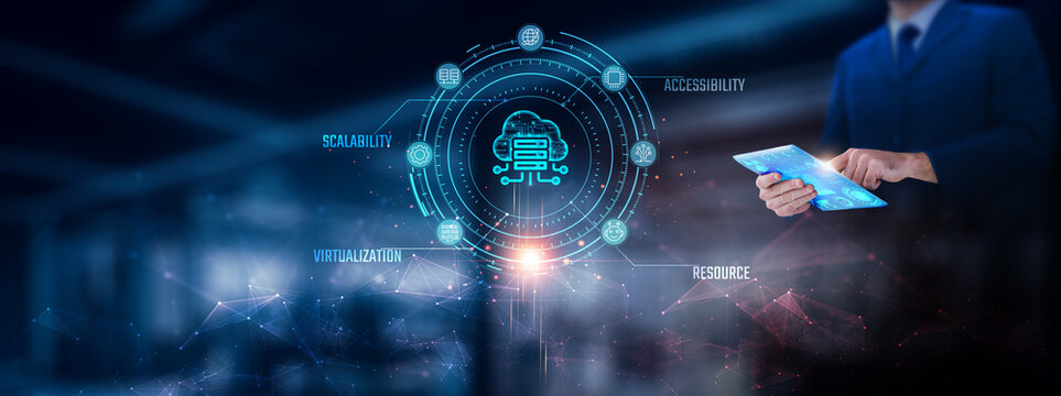 Cloud Computing: Businessman using tablet analyzing cloud computing record on tablet. Digital storage and network connection on modern virtual screen interface, data security, technology and network.