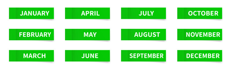 Months of the year. Set of thin paper stickers. Green stick in notes. Sheets of paper. Tag, sticky note. Calendar or planner, schedule organizer. Twelve months	

