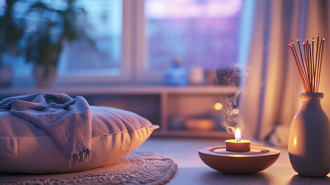 Closeup of a meditation space with a comfortable cushion