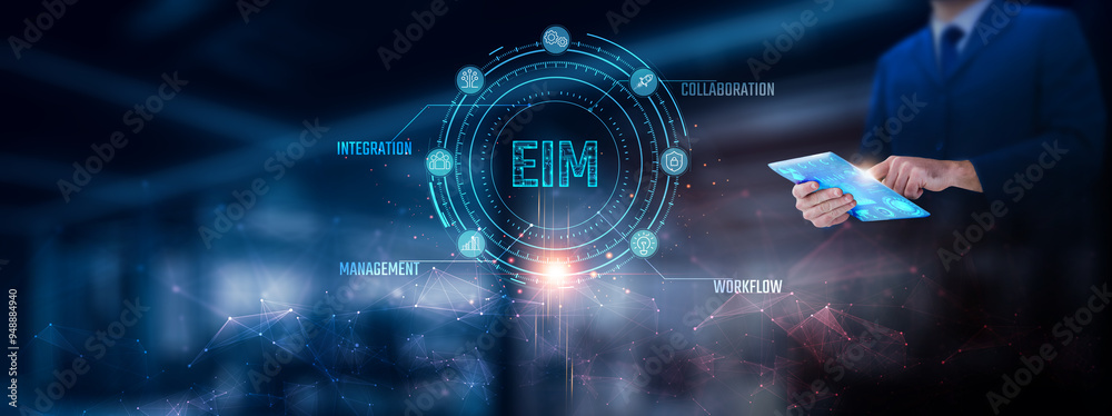 Wall mural eim: businessman using tablet analyzing eim record on tablet. digital documents and network connecti