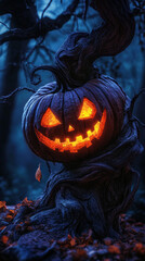 Obraz premium Spooky Halloween Tree with a Glowing Carved Pumpkin Face 