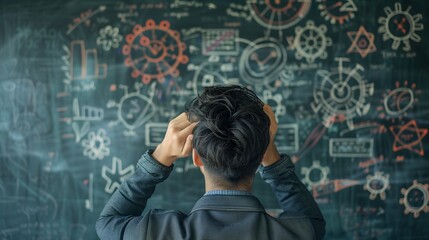 Man Looking at Complex Blackboard with Hand on Head
