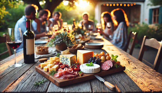 A close-up of a wine and charcuterie board filled with an assortment of cheeses, meats, nuts, and fruit, placed on a rustic wooden table in a sun lit backyard with people in the background.