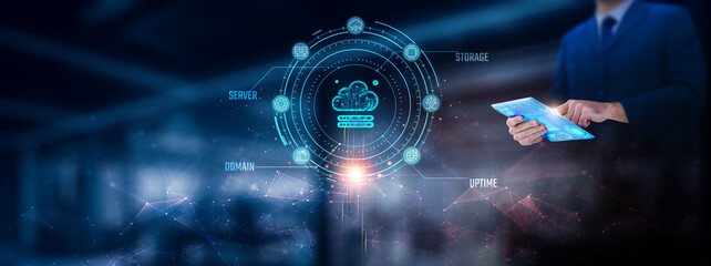 Web Hosting: Businessman using tablet analyzing web hosting record on tablet. Digital infrastructure and network connection on modern virtual screen interface, cloud services, technology and network.
