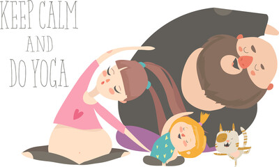 Family yoga. Cartoon characters doing asanas on white background