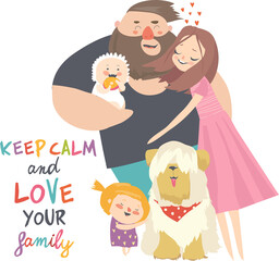 Happy family. Father, mother, son and daughter. Parents are keeping on the hands of their children