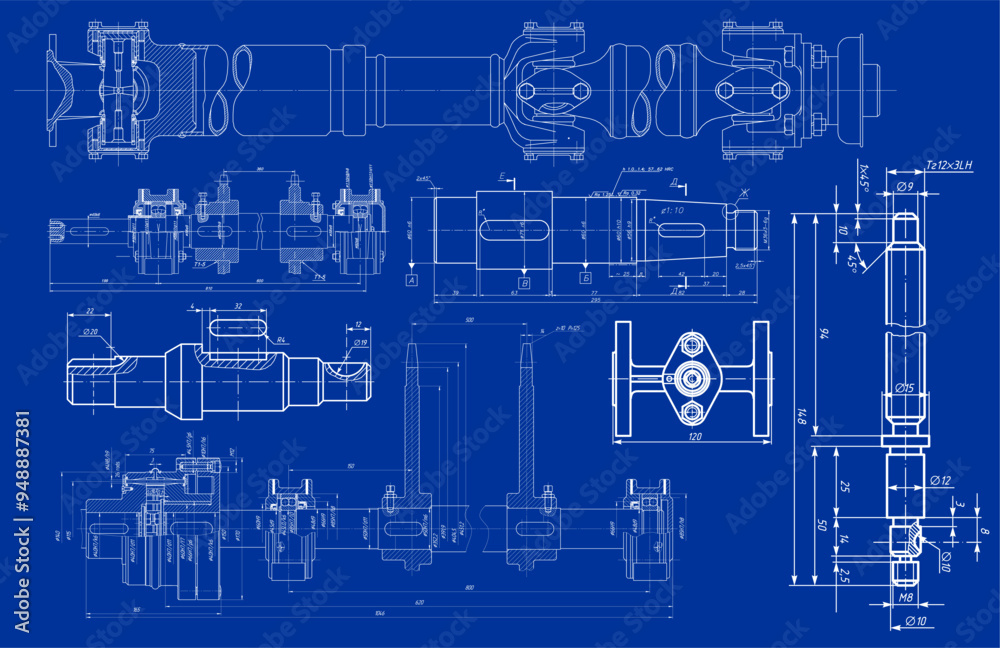 Poster Vector engineering drawing of steel mechanical parts
(set of shaft, driveshaft) 
with dimension lines. Industrial 
cad scheme on paper sheet. Technology background.