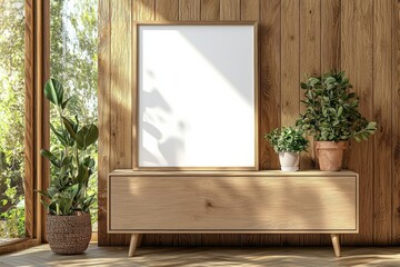 Poster Frame Mockup on Wooden Interior Background created with Generative AI