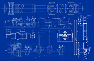Vector engineering drawing of steel mechanical parts
(set of shaft, driveshaft) 
with dimension lines. Industrial 
cad scheme on paper sheet. Technology background.
