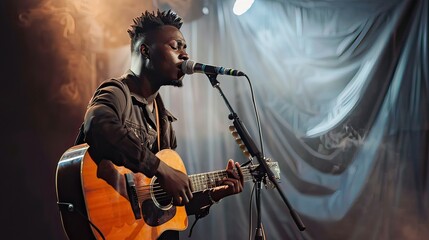 Black male artist with a stylish outfit playing an acoustic guitar and singing into a microphone on stage. 