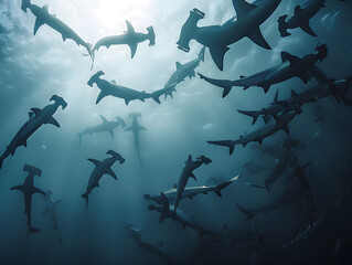 Majestic hammerhead sharks gracefully swim in circles deep within the ocean's depths.