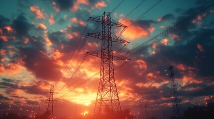 Silhouetted Power Lines Against a Vivid Sunset Sky