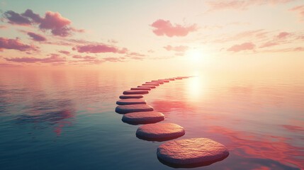 serene sunset illuminates a Zen path, adorned with smooth stones, symbolizing tranquility, balance, and the peaceful journey toward inner harmony and mindfulness