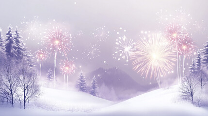 Winter landscape with fireworks and snowy trees, festive New Year celebration scene