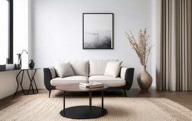 Modern Living Room with Cozy White Sofa, Abstract Wall Art, and Subtle Neutral Decor Accents for a Serene Ambiance
