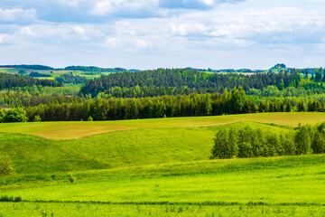 Naklejka premium Green fields and meadows with spring flowers hills in background, Suwalski Landscape Park, Podlasie, Poland