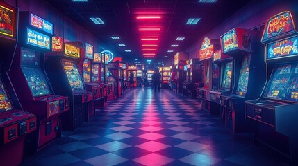 Retro arcade with rows of vintage gaming machines in a neon-lit room with checkerboard floor