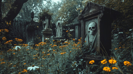 Obraz premium Spooky Halloween Garden with Haunted Statues and Ghostly Flowers 