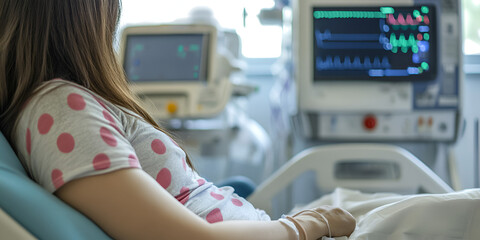 Patient Monitoring in ICU, A Close-Up View of Vital Signs, Understanding Patient Vital Signs on Monitors, a women Patient Connected to Vital Signs Monitor