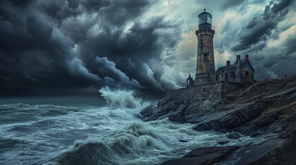Crashing Waves Against an Abandoned Lighthouse on a Rocky Shore

