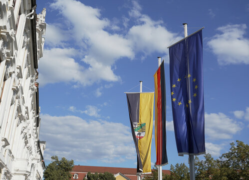 Magdeburg, Germany, flags of Germany, Europe and Saxony Anhalt in front of the Landtag building