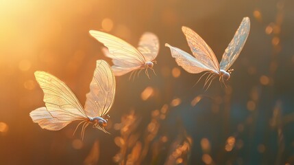   A trio of white butterflies flutters through a sun-drenched sky as their iridescent wings catch the sunlight