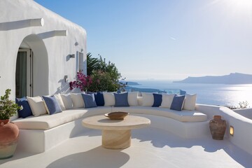Obraz premium Santorini Serenity: Aegean Sea Views from a Whitewashed Terrace 