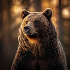 Fototapeta premium close up impressive brown bear with detailed fur and a relaxed demeanor, softly blurred forest backdrop, diffused sun creating a soft glow on the bear s fur, early