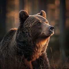 Fototapeta premium close up impressive brown bear with detailed fur and a relaxed demeanor, softly blurred forest backdrop, diffused sun creating a soft glow on the bear s fur, early