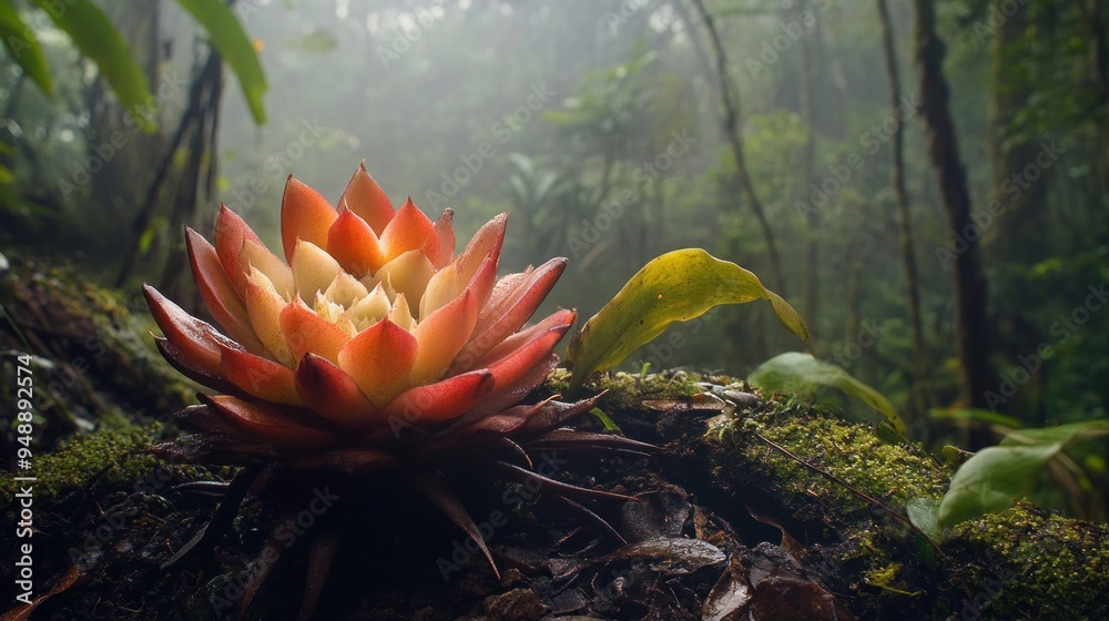 Sticker A Vibrant Bromeliad Blooms in a Misty Rainforest