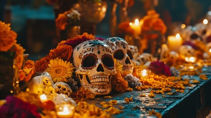 Colorful Day of the Dead Altar with Sugar Skulls and Marigolds
