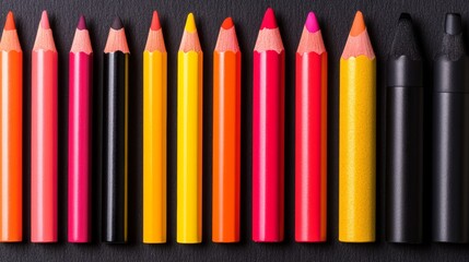 Naklejka premium A diverse array of vibrant office and school supplies meticulously arranged on a dark textured surface highlighting creativity organization and productivity