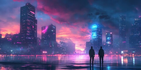 Two figures stand in a futuristic cityscape illuminated by neon lights.