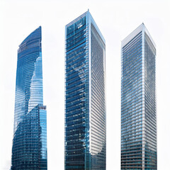 set of Tall office building realistic image on white background.
