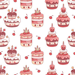 Seamless pattern with cute festive birthday cake kawaii cartoon character