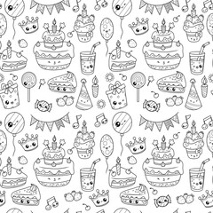 Seamless festive pattern. Holiday cartoon kawaii character. Birthday cake, cupcake, outline drawing