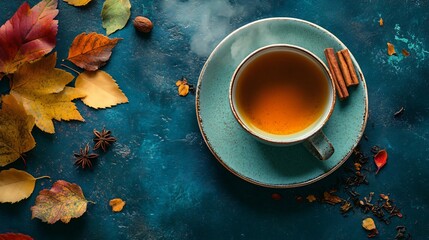 A cup of steaming herbal tea with autumn spices, on a dark teal background with scattered leaves