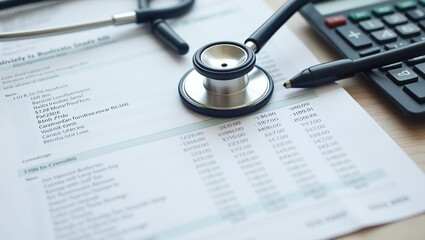 Stethoscope on medical bill with calculator and pen for financial analysis