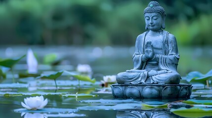 Serene Buddha Statue in Lotus Pond