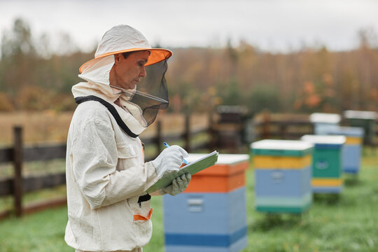 Side view of mature female beekeeper in protective bee suit writing in notepad while working around colorful wooden hives at autumn apiary farm, copy space