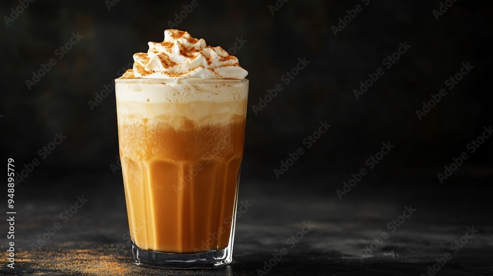 Wall mural A glass of hot pumpkin spice latte topped with whipped cream and a sprinkle of nutmeg, on a deep black background with subtle orange highlights