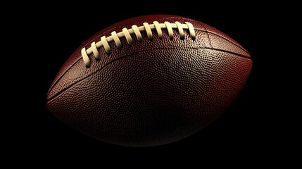 A macro shot of an American football, highlighting its textured surface and precise stitching. The ball's rugged details stand out against the stark black background, creating a bold contrast.