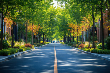 Fototapeta premium A road lined with tall trees on a sunny autumn day