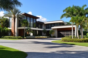Fototapeta premium Florida Single Family Home: Modern Brick House with Contemporary Design and Elegant Driveway