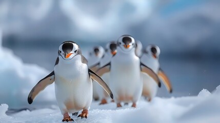 A group of penguins are walking on a snowy surface