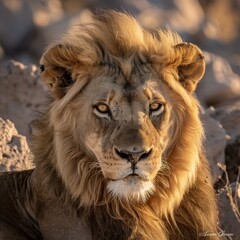 Fototapeta premium close up magnificent lion with a fierce yet calm expression and a well groomed mane, softly blurred rocky outcrop, soft, natural highing the lion s detailed features